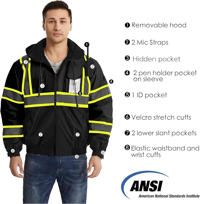 SKSAFETY High Visibility Reflective Jackets for Men, Waterproof Class 3 Safety Jacket with Pockets, Hi Vis Black Coats with Black Bottom, Mens Work Construction Coats for Cold Weather, 4XL,Black
