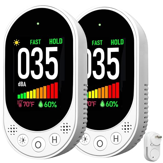 LSENLTY Decibel Meter Plug-in Wall, 30-130dBA Sound Level Meter, Data Hold&Max/Min&Fast/Slow Response 3-in-1 Noise Detector(TEM&Humidity), A-Weighted Noise Measuring Device for Classroom Home 2 Pack