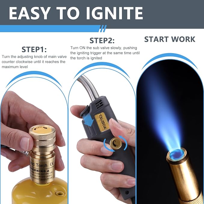 Propane Torch Kit with 4.9-Ft Hose, Adjustable Flame for HVAC | Brass Blow Torch Head 2527°F, Propane & MAPP Gas Compatible, Self-Igniting for Easy Startup