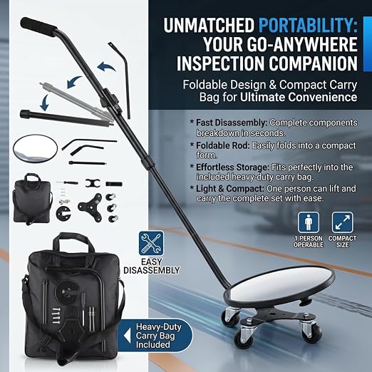 Under Vehicle Inspection Mirror with Light, Under Car Mirror 12 Inch Adjustable Angle Telescoping Handle Magnifying Vehicle Security Tool, Portable Convex Search Mirror with Carry Bag