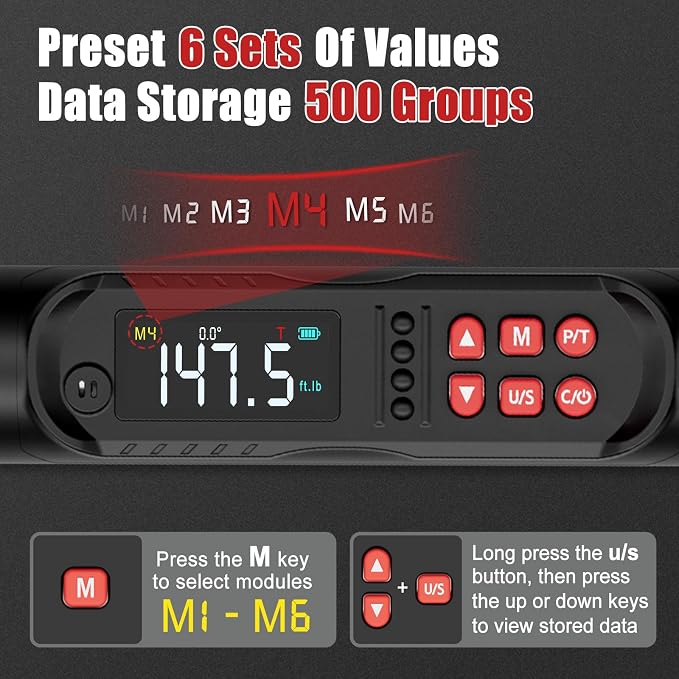 VANPO 1/2 Drive Digital Angle Torque Wrench 7.4-147.5 Ft.lb, ±2% Accuracy | 10-200 Nm Electronic Torque Wrench, Buzzer LED Vibration Alarm, Perfect Tools for Tire Lug Nuts & Car Engine Repair