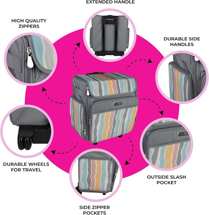 Everything Mary Rolling Scrapbook Tote – Grey Stripes Craft Bag with Wheels – Portable Storage Organizer for Scrapbooking, Papercraft & Art Supplies