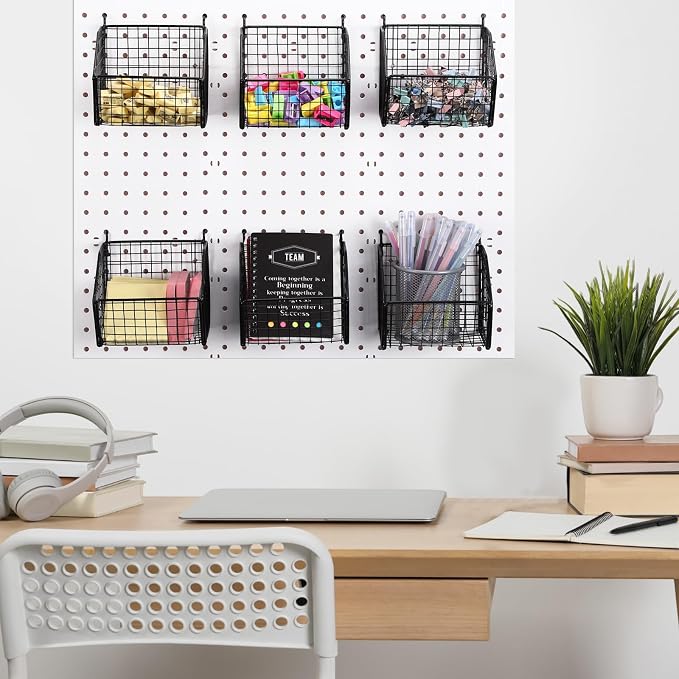 Reallnaive 6 Pack Black Pegboard Baskets Metal Wire Shelf Baskets 5.1 x 5.1 x 3.5 in Peg Board Organizer Accessories Wall Mount Organizer Bins for Tool Storage Craft Room Garage Workbench