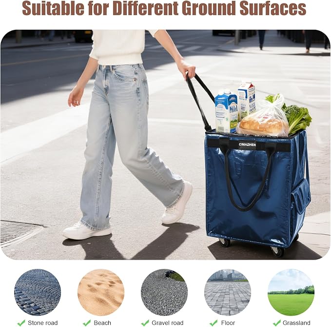 (Medium,Navy Blue) Reusable Grocery Bag on 4 Wheels, 70L Foldable Rolling Tote Bag with 3 Handles and Zipper, Rolling Shopping Cart for Groceries, Storage, Laundry, Travel, Organizer, 76lb