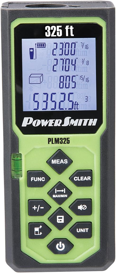 POWERSMITH PLM325 325' Weatherproof Back-Lit Digital Laser Distance Measure with Four Measuring Units, Fractional Display, Auto Shut-Off, Rubberized Grip Batteries, and Belt Holster