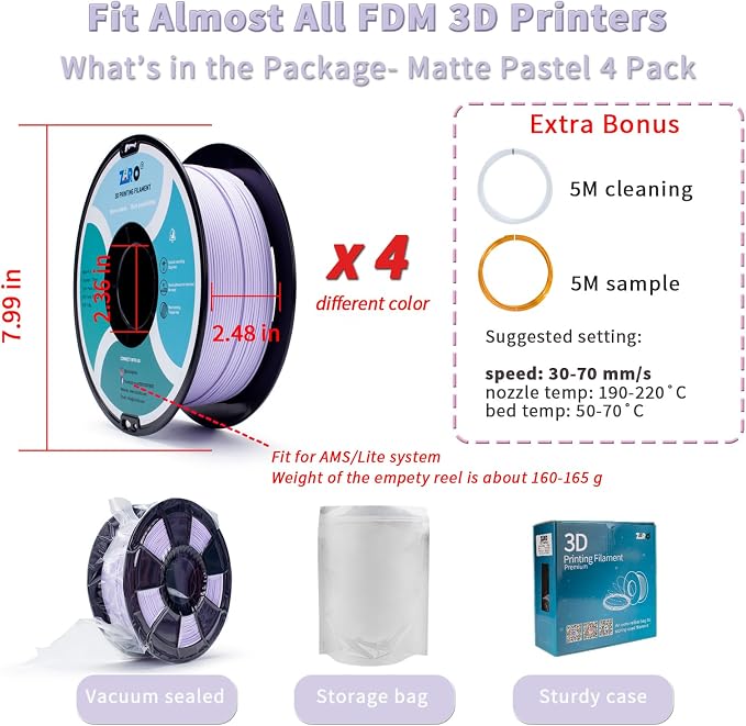 ZIRO 3D Printer Filament Bundle, Matte 1.75mm PLA Filament, Pastel Colors PLA Series 4 Pack, 3D Printing Material, Fit Most FDM Printers,1.75mm 2.2lbs x 4 Spool, Purple, Pink, Blue, Skin