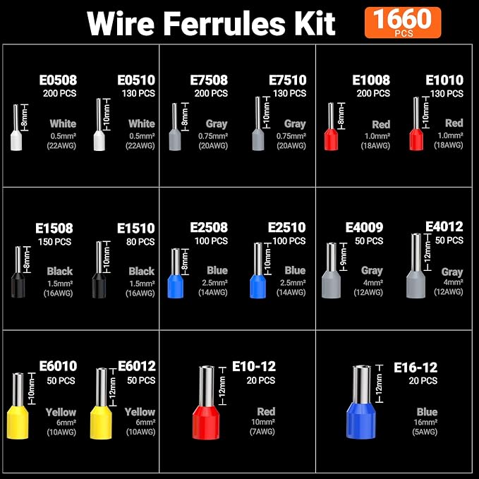 Preciva Ferrule Crimping Tool Kit with Wire Stripper, Hexagonal Ferrule Crimper AWG 28-5（0.08-16mm²） Self-Adjustable Ratchet Ferrule Terminals Crimping Tool with 1660Pcs Ferrules Connectors