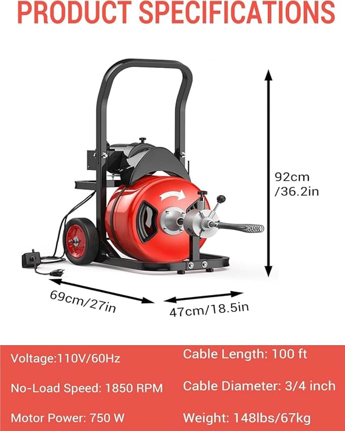 Garvee 100Ft 3/4 Inch Drain Cleaning Machine. Sewer Snake 750w Auto Feed with 6 Cutter, Portable Drain Cleaning Machine Electric Drain Auger Sewer Auger Air-Activated Foot Switch for 4" to 8" Pipes