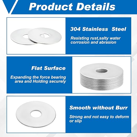 Hotop 50 Pieces Stainless Steel Fender Washers 18-8 Stainless Steel Flat Washer (1/2" X 2")
