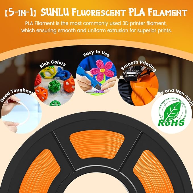 SUNLU Fluorescent PLA 3D Printer Filament, PLA Filament 1.75mm, Brighter Color for Halloween Decoration, Neatly Wound Filament, Fit Most FDM 3D Printer, 1kg Spool, Fluorescent Orange