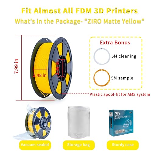ZIRO Matte PLA Filament 1.75mm,1KG 3D Printer Filament,High Toughness PLA,Dimensional Accuracy +/- 0.03mm,Matte Yellow
