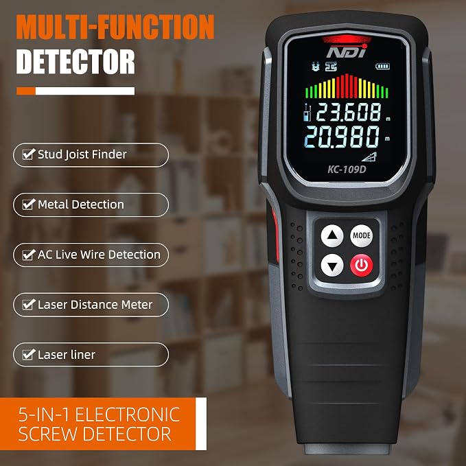 NDI Stud Finder Wall Scanner - 5 in 1 Electronic Stud Detector with Microprocessor Chip and HD LCD Display & Audible Alarm, for the Center and Edge of Wood AC Wire Metal Studs Joist Pipe
