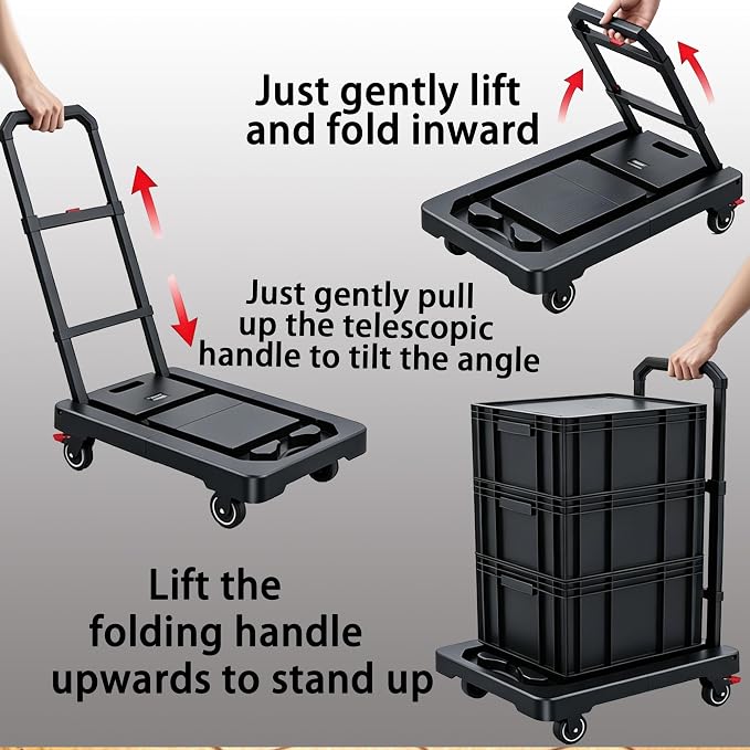 SPACELEAD Folding Hand Truck, Heavy-Duty Platform Truck with 330 Lbs Capacity, Collapsible Dolly Cart with 360° Silent Wheels & Telescopic Handle, Portable Moving Cart for Luggage & Office, Black
