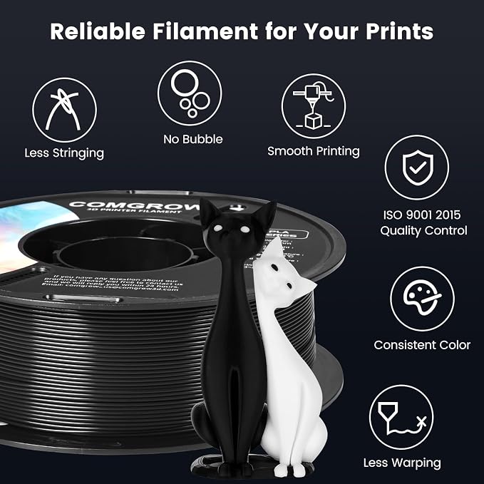 Comgrow PLA 3D Printer Filament, 3D Printer PLA Filament 1.75mm, Dimensional Accuracy +/- 0.02 mm, 1KG Spool PLA Black