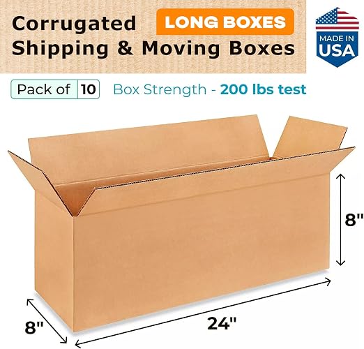 Long Moving & Shipping Boxes 24x8x8 inches (10-Pack) - Extra Strength 200 lb vs Regular - USA-Made Corrugated Durable Cardboard Boxes - Long Cardboard Box - Packing and Moving Box by IDL Packaging