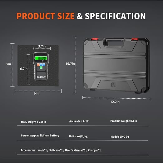 SKEAP Refrigerant Scale - 0.01lbs High Precision HVAC Scale with Wired Remote Control, 155lbs Large Capacity Freon Scale for Refrigerant Recovery with LCD Display and Portable Case & Lithium Battery