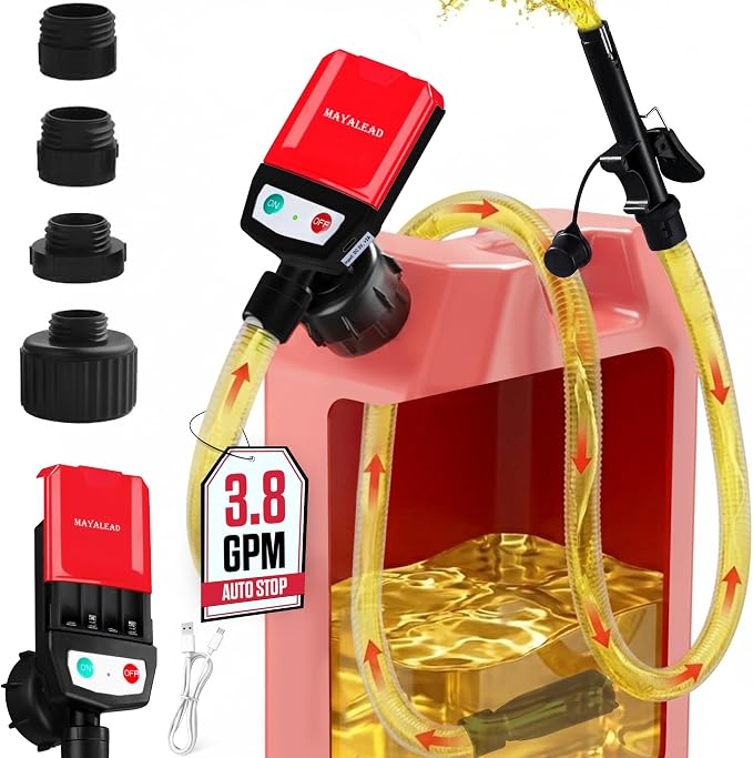 MAYALEAD Automatic Electric Fuel Transfer Pump, 3.8 GPM Portable Gas Can Pump, 51" Extra Long Hose, Battery or USB Powered, 4 Size Adapters with Leak Protection for Gasoline, Diesel, Kerosene, Oil