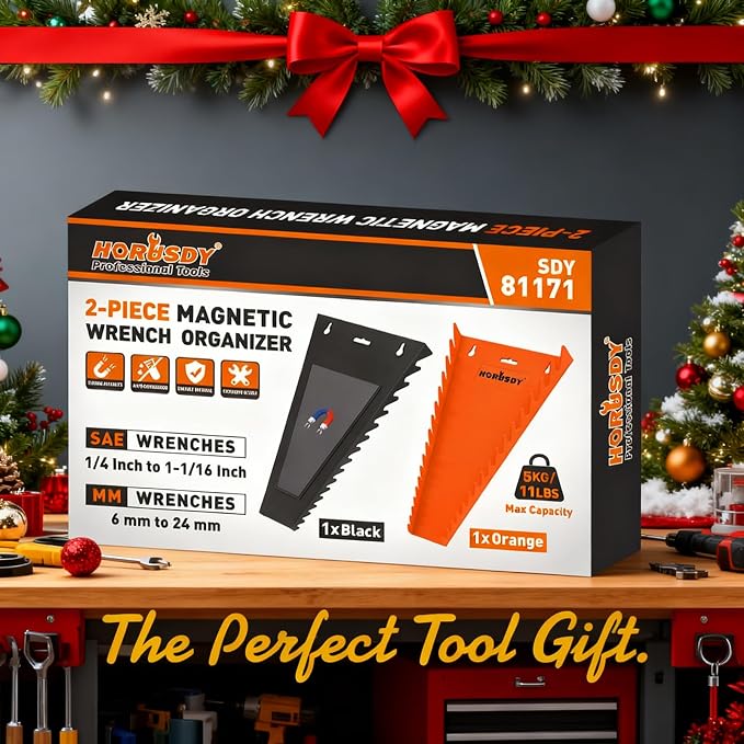 HORUSDY 2-Piece Magnetic Wrench Organizer, 32-Slot Wrench Storage Rack for Toolboxes, Drawer & Garage, SAE (1/4" - 1-1/16") & Metric (6mm - 24mm) Wrench Holder, Black & Orange, 11LBS Capacity