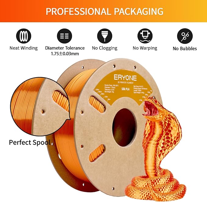 ERYONE Silk PLA Filament for 3D Printer 1.75mm +/- 0.03mm, Shiny Filament 1kg (2.1lbs)/Spool, Orange