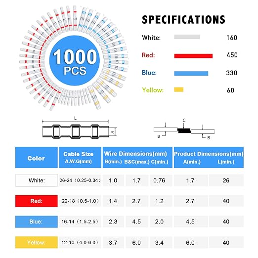 Kuject Heat Shrink Solder Seal Wire Connectors Kit 1000PCS, Waterproof Butt Connector Heat Shrink Electrical Terminals, Insulated Solderless Wiring Splice Connectors for Marine Automotive Boat Truck