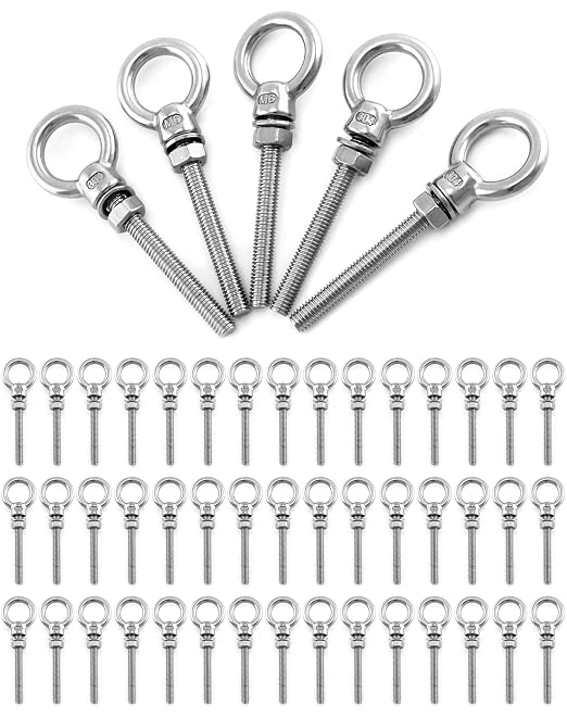 QWORK Threaded Eyebolts, 50 Pack 1/4" x 2" Long Stainless Steel Marine Grade Shoulder Eye Bolt