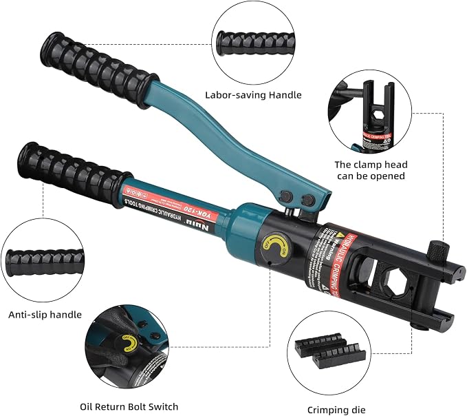 YQK-120 Hydraulic Crimping Tool 8T, Wire Crimper for Battery Cable Terminals 10-120mm²(8 AWG to 4/0 AWG) with 8PCS Hex Dies, 16mm Stroke,180°Swivel Head - Professional Electrician Crimper(Blue)