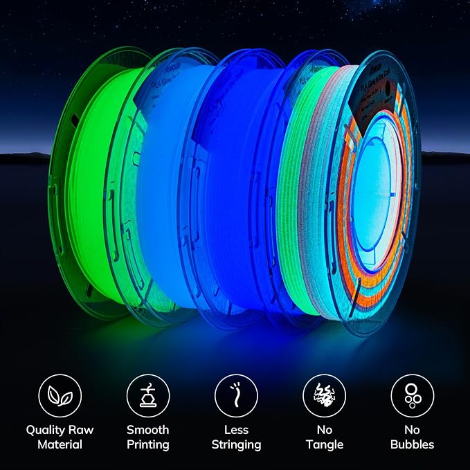 AMOLEN Glow in The Dark 3D Printer Filament Bundle, Glow Filament Multicolor, 5 Meter Rainbow, Green, Blue and Blue-Purple, 1.75mm PLA Filament, Dimensional Accuracy +/- 0.02 mm, 200g X 4 Pack