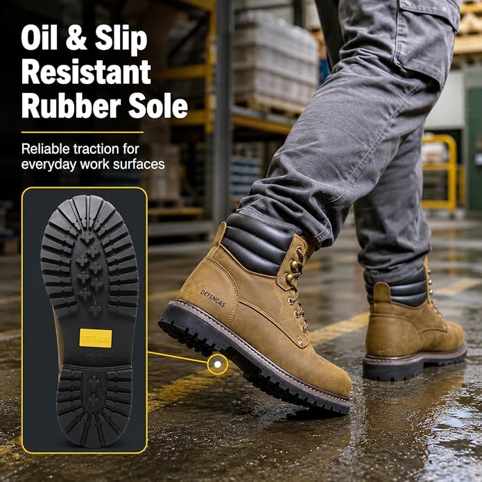 Men's 6" Leather Steel Toe Work Boots for Men, Oil/Slip Resistant Rubber Sole, Men's Safety Construction Boots. 84710