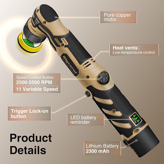 Cordless Mini Polisher,1/1.5/2Inch,DA&RO with 11 Variable Speed 2500-6000 RPM,2 * 2.3Ah Rechargeable Batteries,Car Detailing Micro Polisher