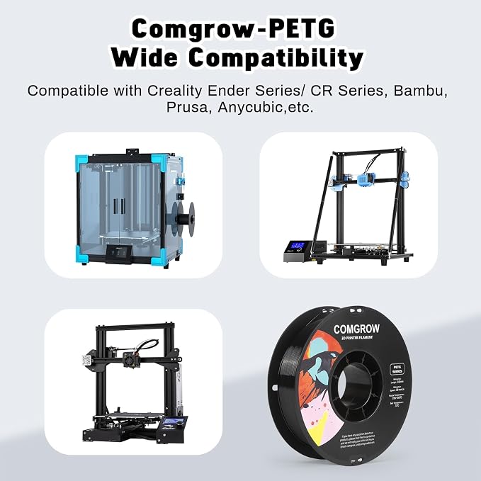 Comgrow PETG 3D Printer Filament 1.75mm, High Precision and Tough 3D Printer Filament 6 Rolls*1kg, Dimensional Accuracy +/- 0.02 mm, Fit Most 3D Printers Black