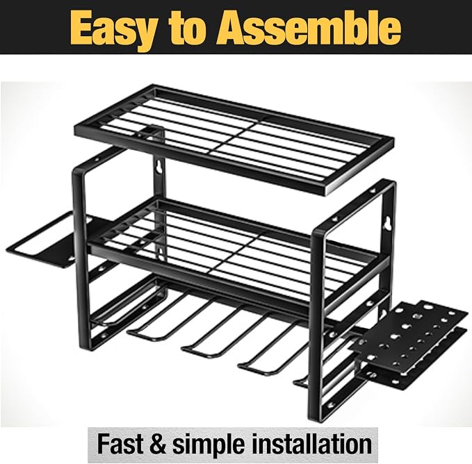 YYR Heavy Duty Power Tool Organizer Wall Mount, Cordless Drill Hanger Storage Rack, Battery Tools Holder with Charging Station Shelf for Garage Organization, Workshop, Pegboard, Shed - 16 Inch 4 Slots