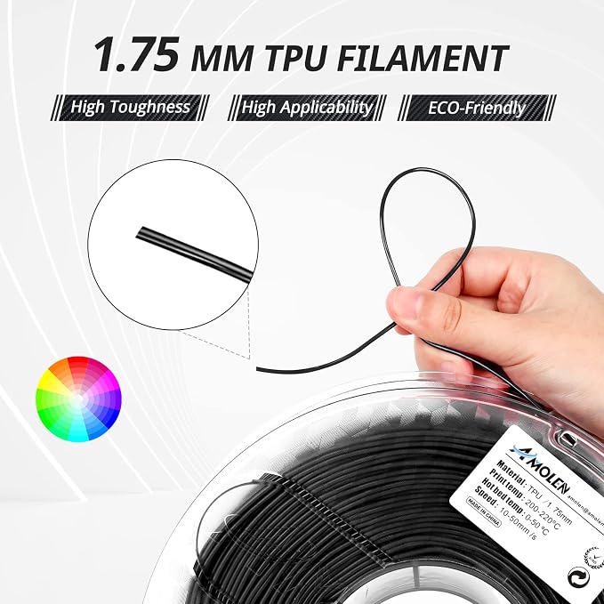 AMOLEN 95A TPU 3D Printer Filament 1.75mm, High Hardness & Resilience TPU Basic Black Filament, 1KG Flexible 3D Filament, Dimensional Accuracy +/- 0.02mm, Suitable for Most FDM 3D Printers