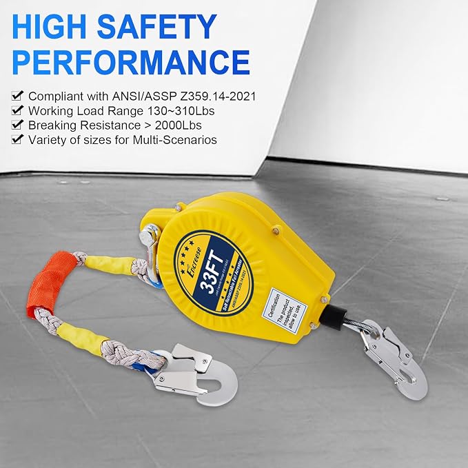 Self Retractable Lifeline Fall Protection Arrester 33FT Double Locking Roofing Safety Rope Lanyard Fall Arrest Gear, Dual Alloy Steel PPE shell Heavy Duty Hook Cable Wire