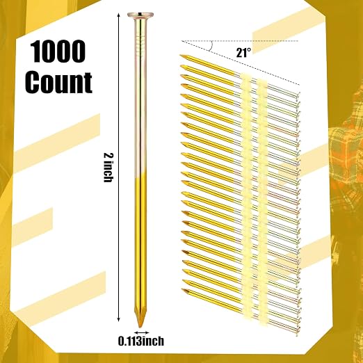 Pasimy 1000 Per Box 2 x 0.113 Inch Framing Nails 21 EG Degree Smooth Shank Plastic Collated Galvanized Full Round Head Framing Nails