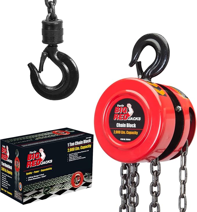 Big RED TR9010-4 Hand Chain Hoist: 2 Heavy Duty Hooks, 8ft/2.5m Manual Chain Fall for Warehouse Building and Automotive Machinery, 1 Ton (2000 Lbs) Capacity, Red