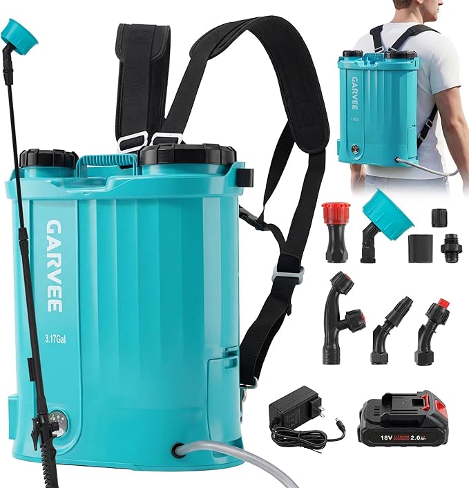 3.17 Gallon Battery Powered Backpack Sprayer, 0-65 PSI Adjustable Pressure, Electric Sprayer with 5 Nozzles and 1 Wands, 18V 2Ah Battery, Wide Mouth Lid for Weeding, Spraying