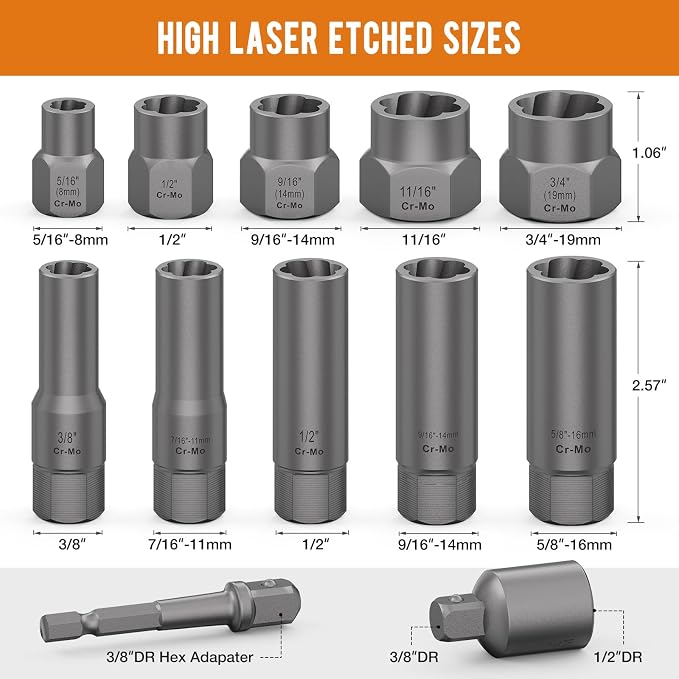 12-Piece Deep and Shallow Bolt Extractor Socket Set, Upgrade Stripped Easy Out Bolt Nut Remover Set For Removing Studs, Damaged, Frozen, Rusted, Rounded-Off Bolts, Nuts & Screws