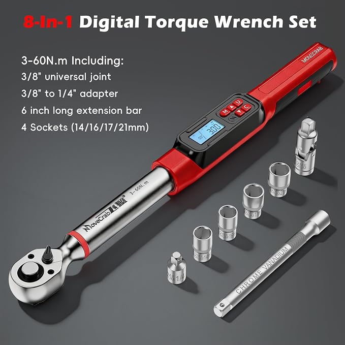 3/8" Drive Digital Angle Torque Wrench 2-44 Ft.lb (3-60 N.m), Angle Measurement 0.1° with LED Display & Buzzer, for DIY Auto Car Motorcycle Repair & Engineering