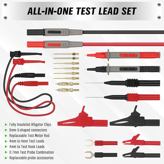 SWANLAKE 27-Piece Multimeter Test Leads Set, CAT.III 1000V / CAT.IV 600V Multimeter Probes with Alligator Clips, Needle Probe, Replaceable Probe Accessories, Soft PVC Volt Meter Lead