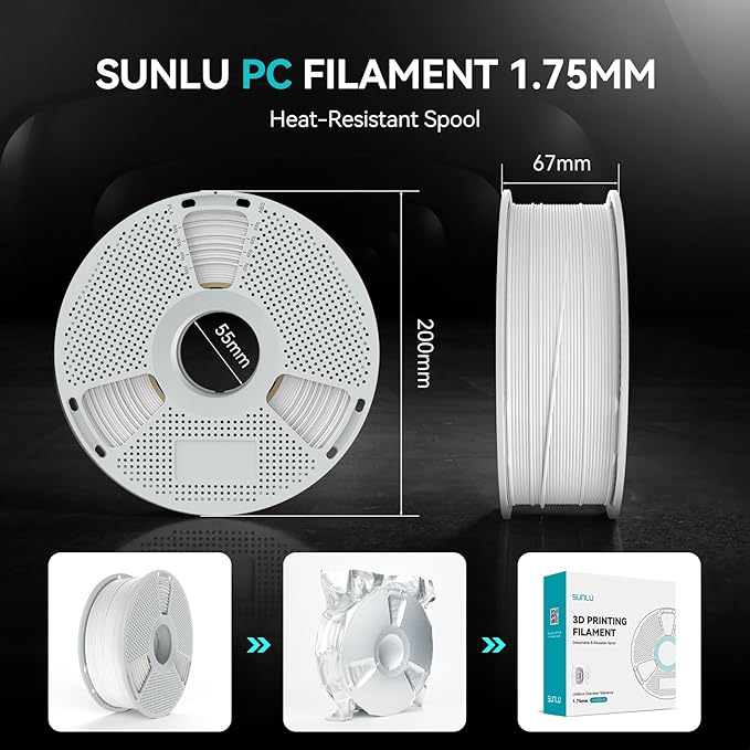 SUNLU PC Filament 1KG, 1.75mm Polycarbonate 3D Printer Filament, High Temperature Reusable Spool, Impact Resistance & Tough, 1KG Spool, Natural White