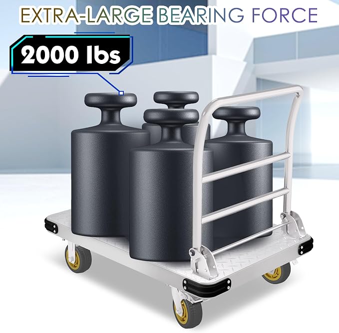 Platform Truck Heavy Duty Push Cart Dolly with 6'' Wheels 2000 LBS Capacity Steel Large Flatbed Cart Foldable Platform Dolly for Groceries, Garage, Warehouse, Equipment (36" X 24")