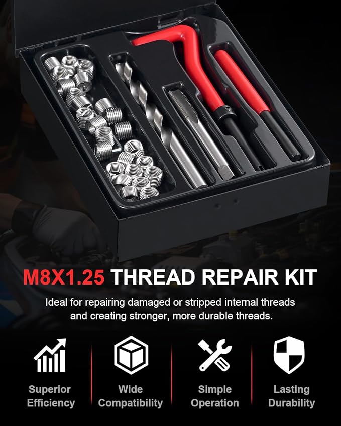Kolvoii M8×1.25 Helicoil Thread Repair Kit, Metric M8 Helicoil kit with HSS Drill Bit, Tap & Stainless Steel Inserts for Motorcycle Engine, Chassis & Automotive Stripped Hole Repair