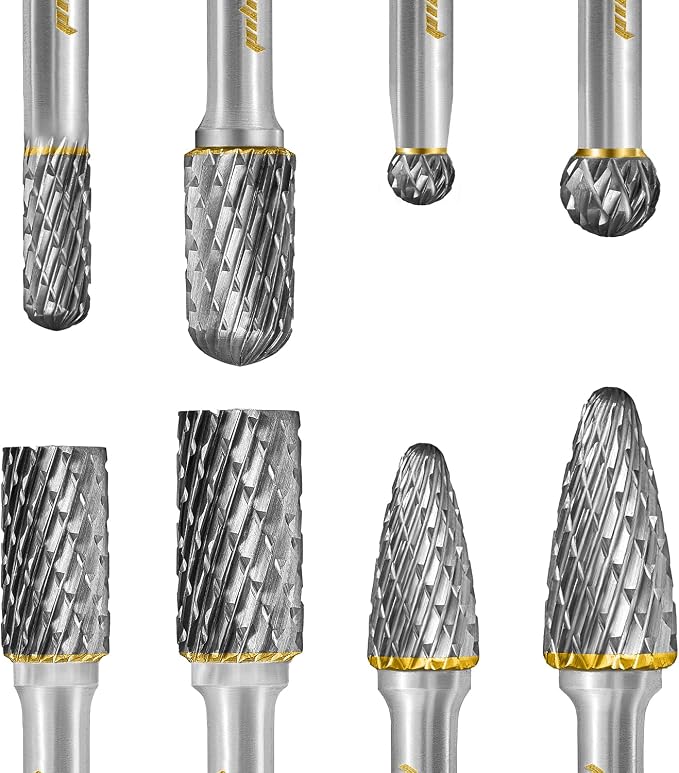 Tungsten Carbide Burr Set 1/4" Shank 8PC Double Cut Rotary Cutting Burrs Die Grinder Bits for Steel and Wood Working, Grinding, Carving, and Engraving