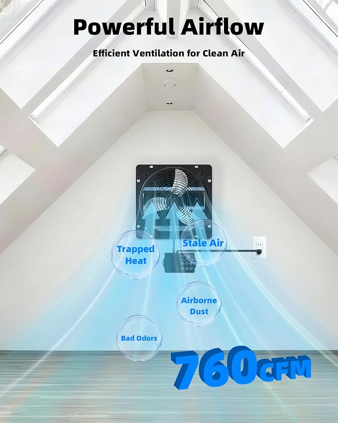 8 Inch Upgraded Shutter Exhaust Fan with Thermostat & Remote Control, Automatic On/Off by Temperature, 760 CFM Mounted Garage Fan for Attic, Greenhouses, Sheds & Chicken Coops, 2 Packs