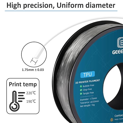 GEEETECH Flexible TPU Filament 1.75mm, TPU Filament 95A for 3D Printer, 1kg Spool, Transparent