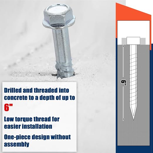 Tandefio 100 Pack 1/2" x 6" Concrete Screw Anchor Galvanized Large Diameter Heavy Duty Plated Concrete Anchors for Masonry Brick Anchoring Block Decking Framing Hex Drive