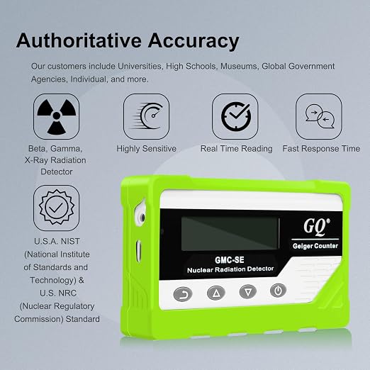 GQ GMC-SE Geiger Counter Radiation Detector Beta Gamma X-ray Portable Radiation Monitor Meter Digital Nuclear Radiation Dosimeter, Automatic Data Recording Device, Drop-Proof Silicone Case (Green)