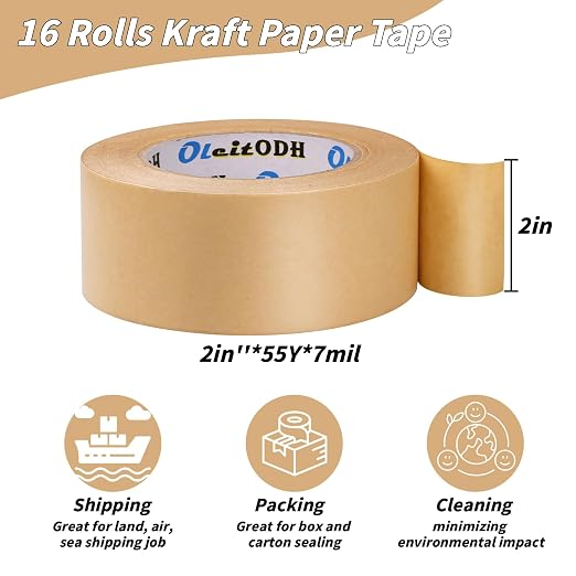 Oleitodh 16 Pack Brown Paper Packing Tape, Kraft Paper Tape Bulk 2" x 55 Yardx 7 mil Gummed Tape for Marking, Sealing Box, Masking, Shipping, Strong Adhesive Easy-to-Tear Waterproof Tape