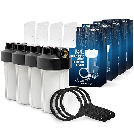 High Capacity 10 x 4.5” Whole House Filter Purifier System for Well or City Water, Presser Relief Button, 1” NPT Brass Port, Double O-Ring, Meets NSF Standards & Regulations (White, 4 Sets)