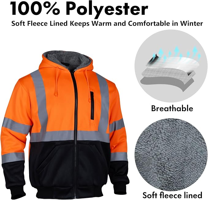 VENDACE Men's ANSI Class 3 High Vis Safety Reflective Sweatshirt Wool Fleece Zipper Jacket Hoodie with Black Bottom(Orange,L)